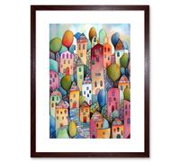 Artery8 Wall Art Print Village On The Hill Cobble Streets Folk Artwork Framed 9X7 Inch in Brown | Size: W7" x H9" Artery8 Brown W7" x H9"