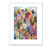 Artery8 Wall Art Print Village On The Hill Cobble Streets Folk Artwork Framed 9X7 Inch in White | Size: W7" x H9" Artery8 White W7" x H9"