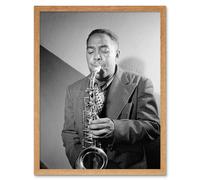 Artery8 Wall Art Print Vintage Black & White Photograph Portrait Saxophone Jazz Player Music Legend Bird Charlie Parker Art Framed Artery8 Light Oak W12" x H16"
