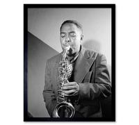 Artery8 Wall Art Print Vintage Black & White Photograph Portrait Saxophone Jazz Player Music Legend Bird Charlie Parker Art Framed | Size: W12" x H16" Artery8 Black W12" x H16"