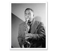 Artery8 Wall Art Print Vintage Black & White Photograph Portrait Saxophone Jazz Player Music Legend Bird Charlie Parker Art Framed | Size: W12" x H16" Artery8 White W12" x H16"
