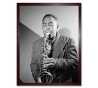 Artery8 Wall Art Print Vintage Black & White Photograph Portrait Saxophone Jazz Player Music Legend Bird Charlie Parker Art Framed Artery8 Brown W12" x H16"