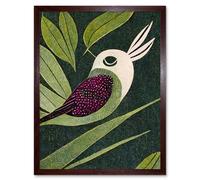 Artery8 Wall Art Print Vintage Linocut Small Bird With Plant Leaves Art Framed in Brown | Size: W12" x H16" Artery8 Brown W12" x H16"