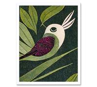 Artery8 Wall Art Print Vintage Linocut Small Bird With Plant Leaves Art Framed in White | Size: W12" x H16" Artery8 White W12" x H16"