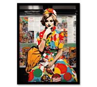 Wall Art Print Vintage Meets Pop Art Fashion Advert Collage Artwork Woman In Retro Pattern Dress Bus Stop Train Vibrant Colourful Bold Pop Art Modern Artery8 Multi A4