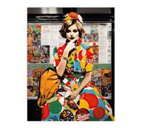 Artery8 Wall Art Print Vintage Meets Pop Art Fashion Advert Collage Artwork Woman In Retro Pattern Dress Bus Stop Train Vibrant Colourful Bold Pop Artery8 Multicolor W24" x H32"