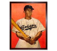 Artery8 Wall Art Print Vintage Portrait of Jackie Robinson with Baseball Bat Brooklyn Dodgers Uniform Sport Athlete Art Framed | Size: W12" x H16" Artery8 Brown W12" x H16"
