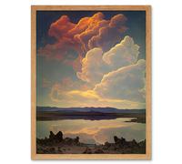 Artery8 Wall Art Print Vintage Style Atmospheric Cloud Reflections in Lake Modern Watercolour Painting Art Framed in Light Oak | Size: W12" x H16" Artery8 Light Oak W12" x H16"