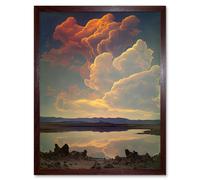 Artery8 Wall Art Print Vintage Style Atmospheric Cloud Reflections in Lake Modern Watercolour Painting Art Framed in Brown | Size: W12" x H16" Artery8 Brown W12" x H16"