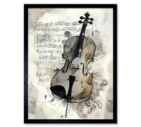 Artery8 Wall Art Print Violin Instrument & Sheet Music Modern Monochrome Watercolour Art Framed in Black | Size: W12" x H16" Artery8 Black W12" x H16"