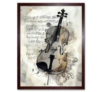 Artery8 Wall Art Print Violin Instrument & Sheet Music Modern Monochrome Watercolour Art Framed in Brown | Size: W12" x H16" Artery8 Brown W12" x H16"