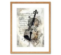 Artery8 Wall Art Print Violin Instrument & Sheet Music Modern Monochrome Watercolour Artwork Framed 9X7 Inch in Beige | Size: W7" x H9" Artery8 Beige W7" x H9"