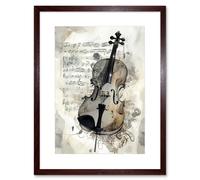 Artery8 Wall Art Print Violin Instrument & Sheet Music Modern Monochrome Watercolour Artwork Framed 9X7 Inch in Brown | Size: W7" x H9" Artery8 Brown W7" x H9"