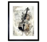 Artery8 Wall Art Print Violin Instrument & Sheet Music Modern Monochrome Watercolour Artwork Framed 9X7 Inch in Black | Size: W7" x H9" Artery8 Black W7" x H9"