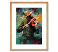 Artery8 Wall Art Print Violinist with a Hat Playing Music on his Violin Artwork Framed 9X7 Inch in Beige | Size: W7" x H9" Artery8 Beige W7" x H9"