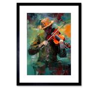 Artery8 Wall Art Print Violinist with a Hat Playing Music on his Violin Artwork Framed 9X7 Inch in Black | Size: W7" x H9" Artery8 Black W7" x H9"