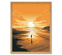 Artery8 Wall Art Print Walk into the Sunset Sand Beach Coastal Landscape Art Framed in Light Oak | Size: W12" x H16" Artery8 Light Oak W12" x H16"