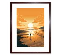 Artery8 Wall Art Print Walk into the Sunset Sand Beach Coastal Landscape Artwork Framed 9X7 Inch in Brown | Size: W7" x H9" Artery8 Brown W7" x H9"