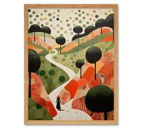 Artery8 Wall Art Print Walk on the Countryside Hill Path Folk Art Oil Painting Red Orange Green Abstract Landscape Artwork Art Framed Artery8 Light Oak W12" x H16"