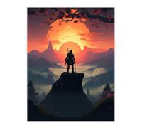Artery8 Wall Art Print Warrior Before a Fiery Sunrise Horizon Painting Samurai Quest to Follow the Sun at Forest Mountain Foggy Landscape Poster Artery8 Orange W12" x H16"