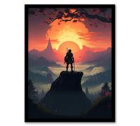 Artery8 Wall Art Print Warrior Before a Fiery Sunrise Horizon Painting Samurai Quest to Follow the Sun at Forest Mountain Foggy Landscape Art Framed Artery8 Orange A4