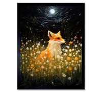 Artery8 Wall Art Print Watching the Fireflies Dance Happy Fox over a Wildflower Meadow Oil Painting Orange White Blue Full Moon Spring Night Dreamy Artery8 Black W12" x H16"