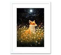Artery8 Wall Art Print Watching the Fireflies Dance Happy Fox over a Wildflower Meadow Oil Painting Orange White Blue Full Moon Spring Night Dreamy Artery8 White W7" x H9"