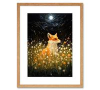 Artery8 Wall Art Print Watching the Fireflies Dance Happy Fox over a Wildflower Meadow Oil Painting Orange White Blue Full Moon Spring Night Dreamy Artery8 Beige W7" x H9"