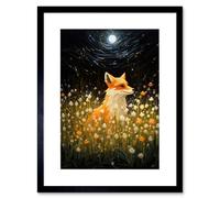 Artery8 Watching the Fireflies Dance Happy Fox over a Wildflower Meadow Oil Painting Orange White Blue Full Moon Spring Night Dreamy Landscape Artwork Framed Wall Art Print 9X7 Inch
