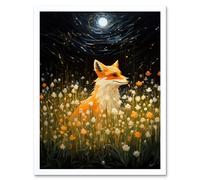 Artery8 Wall Art Print Watching the Fireflies Dance Happy Fox over a Wildflower Meadow Oil Painting Orange White Blue Full Moon Spring Night Dreamy Artery8 White W12" x H16"