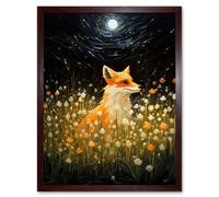 Artery8 Wall Art Print Watching the Fireflies Dance Happy Fox over a Wildflower Meadow Oil Painting Orange White Blue Full Moon Spring Night Dreamy Artery8 Brown W12" x H16"