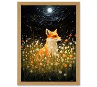 Artery8 Watching the Fireflies Dance Happy Fox over a Wildflower Meadow Oil Painting Orange White Blue Full Moon Spring Night Dreamy Landscape Artwork Framed Wall Art Print A4
