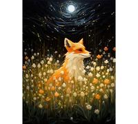 Artery8 Wall Art Print Watching the Fireflies Dance Happy Fox over a Wildflower Meadow Oil Painting Orange White Blue Full Moon Spring Night Dreamy Artery8 Black W12" x H16"