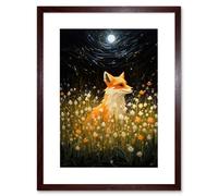 Artery8 Wall Art Print Watching the Fireflies Dance Happy Fox over a Wildflower Meadow Oil Painting Orange White Blue Full Moon Spring Night Dreamy Artery8 Brown W7" x H9"