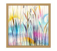 Artery8 Wall Art Print Water Reed Plant Swamp Canes Dreamy Colourful Modern Watercolour Square Framed Picture 16X16 Inch | Size: W16" x H16" Artery8 Light Oak W16" x H16"