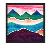 Artery8 Wall Art Print Watercolour Himalayan Mountain Range Blood Red Sky Colourful Square Framed Picture 16X16 Inch in Black | Size: W16" x H16" Artery8 Black W16" x H16"
