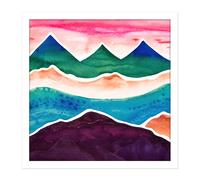 Artery8 Wall Art Print Watercolour Himalayan Mountain Range Blood Red Sky Colourful Square Framed Picture 16X16 Inch in White | Size: W16" x H16" Artery8 White W16" x H16"