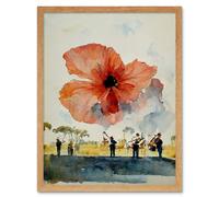 Artery8 Wall Art Print Watercolour War Memorial Remembrance Day Poppy Brass Band Art Framed in Light Oak | Size: W12" x H16" Artery8 Light Oak W12" x H16"