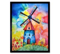 Artery8 Framed Wall Art Watercolour Windmill Netherlands Folk - 12X16 Inch