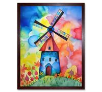 Artery8 Wall Art Print Watercolour Windmill Netherlands Folk Art Framed in Brown | Size: W12" x H16" Artery8 Brown W12" x H16"