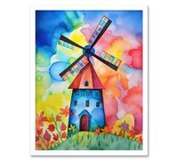 Artery8 Wall Art Print Watercolour Windmill Netherlands Folk Art Framed in White | Size: W12" x H16" Artery8 White W12" x H16"