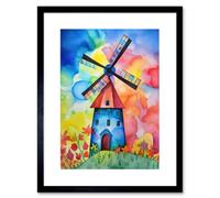 Artery8 Wall Art Print Watercolour Windmill Netherlands Folk Artwork Framed 9X7 Inch