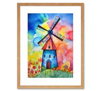 Artery8 Wall Art Print Watercolour Windmill Netherlands Folk Artwork Framed 9X7 Inch in Beige | Size: W7" x H9" Artery8 Beige W7" x H9"