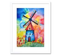 Artery8 Wall Art Print Watercolour Windmill Netherlands Folk Artwork Framed 9X7 Inch in White | Size: W7" x H9" Artery8 White W7" x H9"