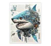 Artery8 Wall Art Print Weapons Grade Shark Robot Hybrid Secret Military Schematic Blue Futuristic Complex Arcane Manuscript Gift For Him Man Cave Artery8 Multicolor W24" x H32"