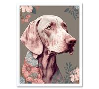 Artery8 Wall Art Print Weimaraner Dog Portrait with Flower Patterns Modern Detailed Art Framed in White | Size: W12" x H16" Artery8 White W12" x H16"
