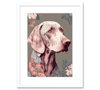 Artery8 Wall Art Print Weimaraner Dog Portrait with Flower Patterns Modern Detailed Artwork Framed 9X7 Inch in White | Size: W7" x H9" Artery8 White W7" x H9"