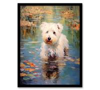 Wall Art Print West Highland Terrier Autumn Lake Walk Claude Monet Style Dog Oil Painting Art Framed Artery8 Black A4