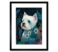 Artery8 Wall Art Print West Highland White Terrier in Flowers Dark Multicoloured Linocut Artwork Framed 9X7 Inch in Black | Size: W7" x H9" Artery8 Black W7" x H9"