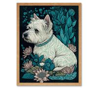 Artery8 Wall Art Print West Highland White Terrier Sitting in Flower Field Modern Dark Art Framed in Light Oak | Size: W12" x H16" Artery8 Light Oak W12" x H16"